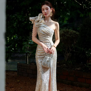Vestido de noche de sirena de alta resistencia con lentejuelas, largo hasta el suelo, de un solo hombro, con diseño floral, para pasarela, con borlas, abertura y cola de pez, para <span class=keywords><strong>Bar</strong></span> Mitzvah - Product Image 1