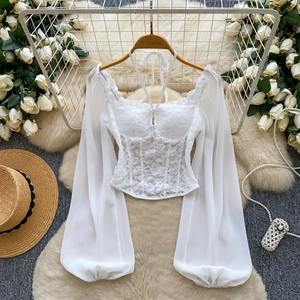 <span class=keywords><strong>Blusa</strong></span> Francesa de Moda Urbana con Cuello Cuadrado, Tirantes, Mangas Farol, Encaje y Parches, Camisa Corta Ajustada para Mujer - Product Image 1