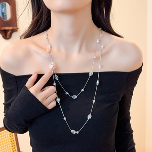 Double Layered Crystal <b>Necklace</b> For Women <b>Long</b> Sweater Chain Elegant Pendant Clothing Accessory Geometric Design Zinc Alloy - Product Image 2