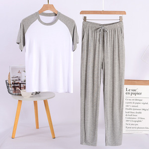 Conjunto de pijamas de Modal de alta calidad para <span class=keywords><strong>hombre</strong></span>, <span class=keywords><strong>verano</strong></span>, informal, suelto, manga corta y pantalones largos, 2 uds., ropa suave y cómoda para el hogar - Product Image 6