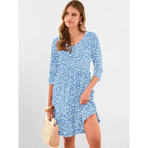FOXA Vestido mini de manga 3/4 para mujer, cuello en V, fluido, con volantes, floral, estilo bohemio, línea A, informal, para verano, playa, vacaciones - Product Image 3