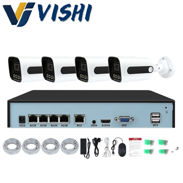 Vishi 4-Channel POE Camera Kit Home Use Outdoor Waterproof Network Camera 4K HD CMOS NVR Support H.265 4MP Night Vision Monitor