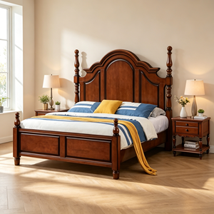 Traditional Mahogany Queen Bed Frame with Storage and Turned Posts - Product Image 1