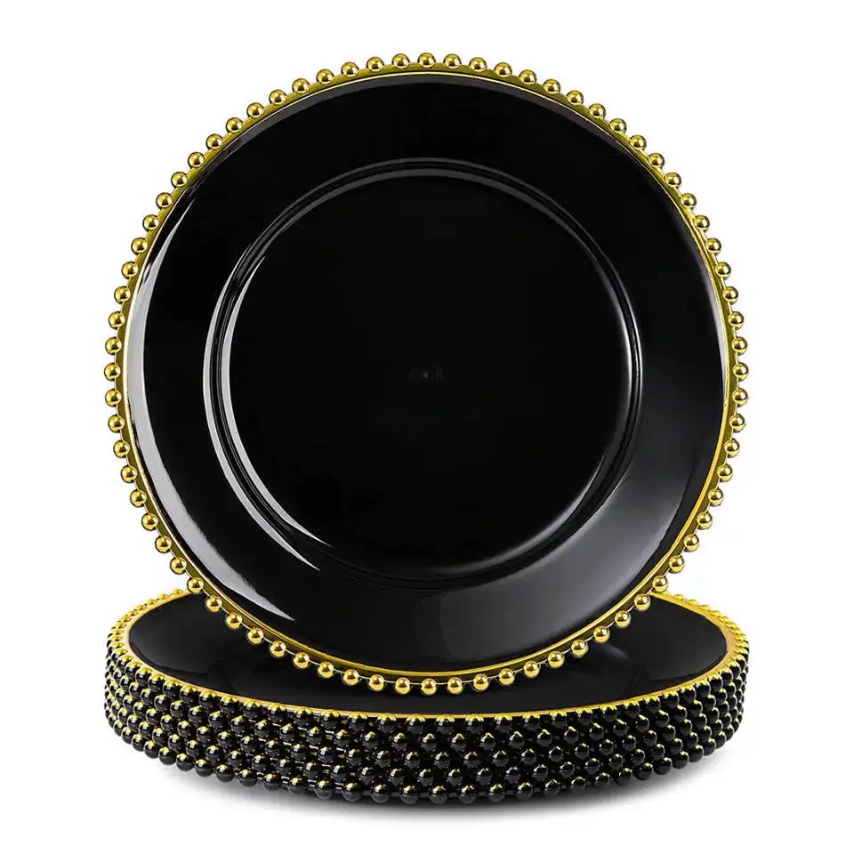 Platos de cena redondos de plástico con cuentas de borde dorado para restaurante, fiesta, boda, eventos, decoración, color negro, 13 pulgadas