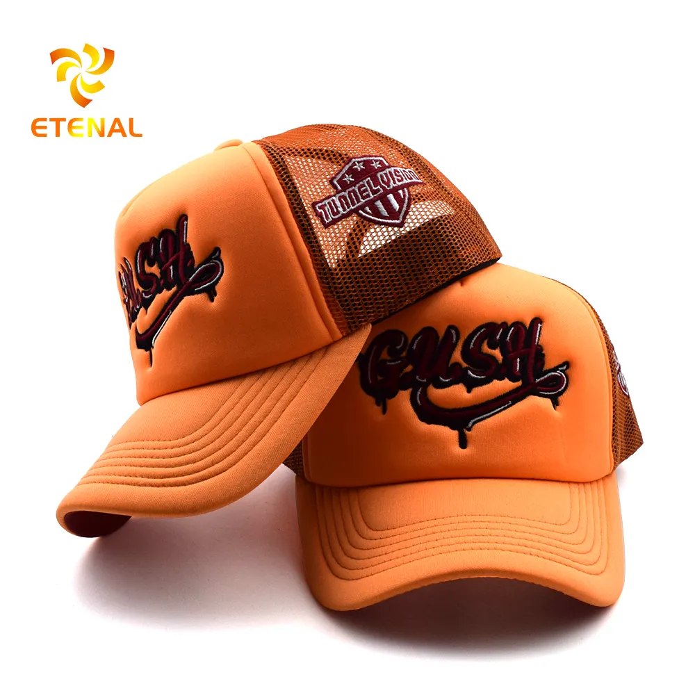 Gorras de camionero de espuma en blanco y naranja, gorra de camionero personalizada con logotipo bordado 3d