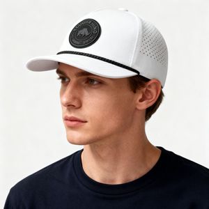 Casquette de baseball sportive imperméable à séchage rapide avec logo en caoutchouc, trous laser, 5 panneaux, réglable, structurée, pour la course à pied, 100% polyester - Product Image 2