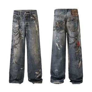 High Street's Distinctive Loose Straight <span class=keywords><strong>Jeans</strong></span> para hombres Vintage Real Shot Cutting Impresión digital Dark Denim Spring <span class=keywords><strong>Jeans</strong></span> Pantalones - Product Image 1