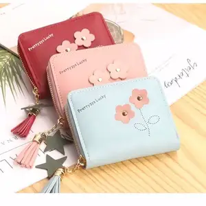 Fuyu Wholesale Student Girl Flowers Solid Color PU Mini Portable Wallet Women Lady Tassel Cute Coin Purse