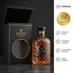 Scatola Rigida Nera Goffrata per Liquori con Finestra Rotonda e Bordo in Lamina d'Oro per Confezioni Regalo di Alcolici Premium - Product Image 1