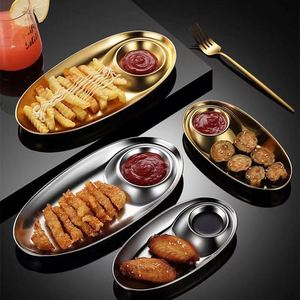 Plateaux de service ovales modernes en acier inoxydable 304 coréen, avec compartiments, pour frites, snacks, sauces, restaurants et hôtels - Product Image 1