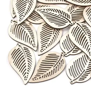 20pcs Natural Unfinished Hollow Wooden Leaf Flat Pendants Wood Cutout Slices DIY Craft Making