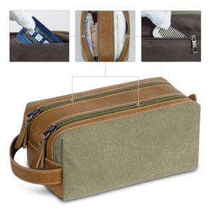 Tas Makeup persegi pegangan portabel modis, tas penyimpanan kapasitas besar kulit kuda gila kanvas lapisan ganda untuk bisnis - Product Image 3