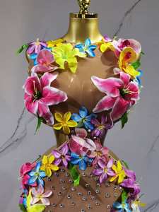 フラワーホローメッシュパフォーマンスドレス女性用ロングボールルームパーティーダンスコスチュームフィットネスショーケースレディースフィットネスウェア - Product Image 2