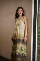 Robe longue bohème en mousseline pour femme, col halter, bretelles tressées faites main, imprimé dégradé abstrait, coupe ample trapèze, idéale pour les vacances d'été