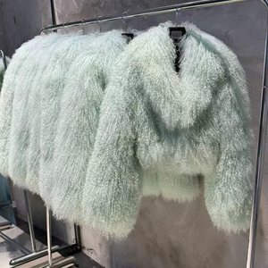 Veste courte en fourrure de mouton de Mongolie véritable, multicolores, bouclée et duveteuse pour femmes - Product Image 1