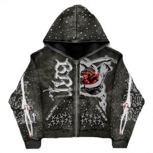 Sudadera con Capucha Negra para Hombre, Estilo Punk, Cierre Frontal con Cremallera, Diseño Estampado, Corte Holgado, Manga Regular, Tejido de Punto, 100% Algodón, Transpirable - Product Image 4