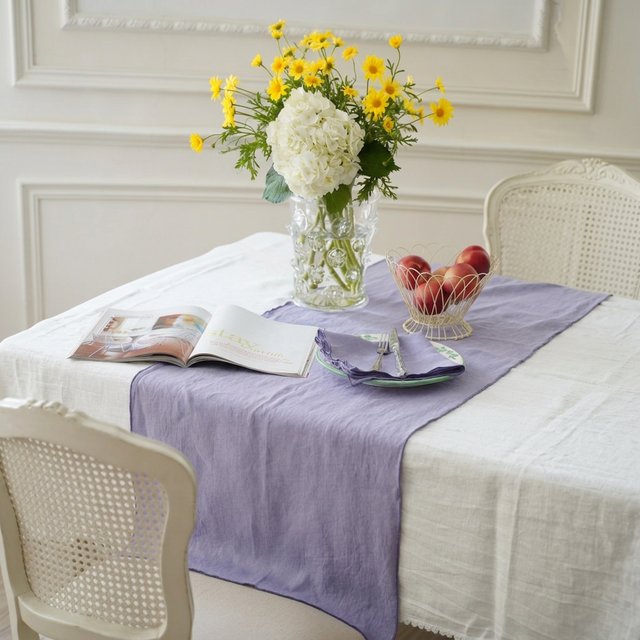 French Country Washed Linen Table Runner Neat Custom Embroidery Natural Rustic Dining Table Decor Runner Wedding Home Party