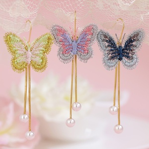 Orecchini a Farfalla con Ricamo Sfumato, Stile Hanfu, Costume Antico, Vintage, Eleganti, Lunghi con Perle, Vendita all'Ingrosso per Donne - Product Image 1