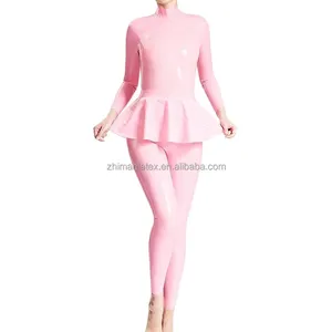 Pink Latex Catsuit With Swing Skirt Back Zipper Rubber Bodysuit Zentai Gummi XXXL