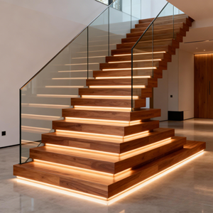 Scala Prefabbricata a Sbalzo Struttura in Acciaio di Arte Moderna Gradini in Legno Massello Ringhiera in Vetro per Interni, Stile di Tendenza - Product Image 3