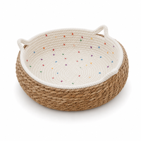 Panier rond pour chat en corde de coton tissé à la main avec oreilles, lit confortable et lavable pour chats et petits chiens
