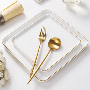 <span class=keywords><strong>Assiette</strong></span> carrée en céramique <span class=keywords><strong>blanche</strong></span> élégante avec bordure dorée, <span class=keywords><strong>assiette</strong></span> en porcelaine de qualité supérieure pour steak, idéale pour les hôtels, les restaurants et l'usage domestique - Product Image 4