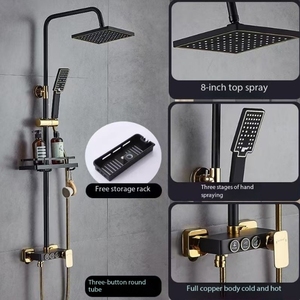 Ensemble de douche 4-en-1 en acier, finition noir et or moderne, avec mitigeur chaud/froid à jet doux, fonction bidet, pour appartement et hôtel, doté d'une barre coulissante - Product Image 2