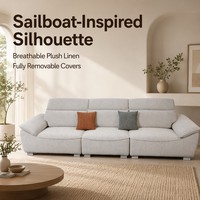 Canapé de salon/appartement 320 cm en lin et velours crème beige, forme voilier, avec appui-tête réglable et amovible – Solution de projet