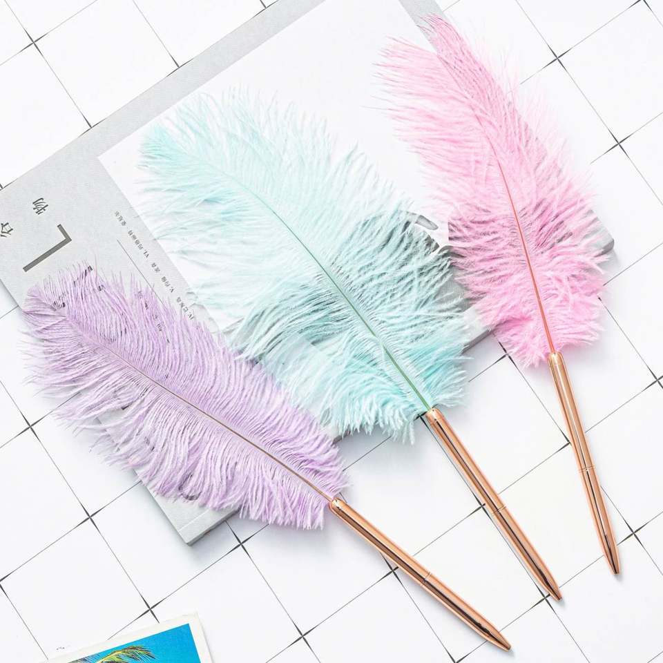Golden Feather Ballpoint Pink White Peach Red Ostrich Quill Stainless ...