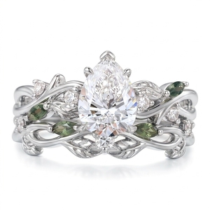 Pear Shaped Moissanite Engagement <strong>Ring</strong> Tufted <strong>Mosses</strong> <strong>Agate</strong> Bridal Set 925 Sterling Silver Leaf Branches Stacked Wedding <strong>Ring</strong> - Product Image 3