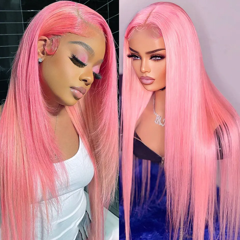Pink Colored Pre Plucked Human Hair Wig Straight Remy Brazilian Virgin Human Hair Body Wave Transparent Lace Front Wig For Women