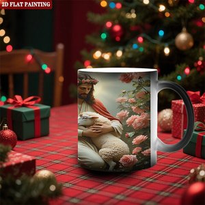 Mug isotherme noir givré 11 oz avec impression artistique Jésus et agneau, idéal pour un cadeau religieux - Product Image 5