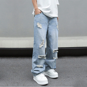 جينز رجالي فضفاض من ZY بتصميم مغسول ومهترئ، 14 أونصة، 100% قطن، جينز فضفاض للرجال مع إمكانية تخصيص الشعار - Product Image 1