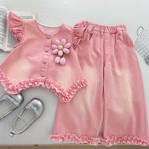 2025 New Fall Teenager Girl <strong>3</strong> Pcs <strong>Long</strong> <strong>Sleeved</strong> Clothes Set Sweet Girl Beige Shirt + Pink Denim <strong>Vest</strong> and Pants Garment - Product Image 4