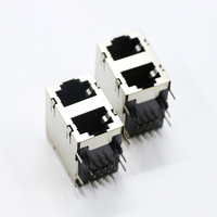 JISJACK Conector Modular Hembra RJ45 de 2-1 Puertos para PCB, 90 Grados, 8 Puertos, Blindado, 125V CA 1.5A, Chapado en Oro, Carcasa de ABS/PBT con Orificio