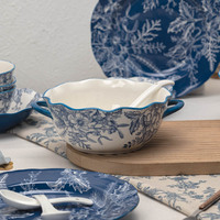 Vaisselle en porcelaine vintage de couleur bleuâtre, bols et assiettes en céramique de qualité supérieure, motif végétal, forme irrégulière, usage domestique