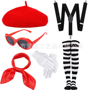 Ensemble de costume d'artiste français pour femme, comprenant un béret, une écharpe rouge, des bas rayés, des bretelles et des gants blancs, pour fête d'Halloween et jeu de rôle - Product Image 2
