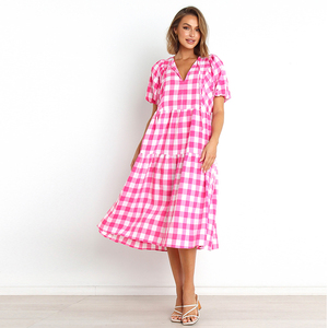Personalizado Casual señoras cuello entallado <span class=keywords><strong>P</strong></span> manga corta escalonado con volantes suelto Gingham <span class=keywords><strong>Maxi</strong></span> vestido largo para las mujeres - Product Image 1