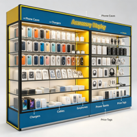 Kios Display Aksesoris Ponsel Modular Lengkap Warna Biru Kuning dengan Area Display Kaca Terbuka dan Panel High Gloss