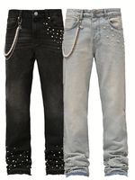 Jeans droits de luxe respirants avec chaîne de perles décorative pour hommes, style streetwear, pantalon en denim pour l'été, le printemps, l'automne et l'hiver