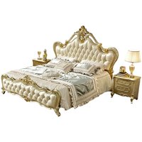 Lit double en chêne massif de style européen Haofeimei 1800x2000mm, lit de mariage, chambre principale, rembourré en cuir véritable, sculpté