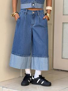 Jean décontracté et polyvalent pour <span class=keywords><strong>femme</strong></span>, coupe large 7 pouces, taille basse, ample, en denim tissé lavable - Product Image 3