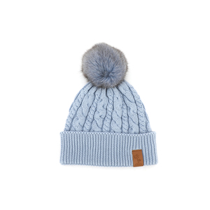 Venta caliente Gorros para mujer 100% Acrílico Gorra personalizada Cielo azul Protección de invierno Sombrero de pompón de piel de punto - Product Image 2