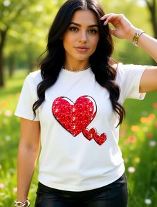 T-shirt décontracté pour femmes pour la Saint-Valentin, imprimé cœur brillant, col rond, manches courtes, respirant, jersey 100% coton, haut pour le printemps et l'été - Product Image 2