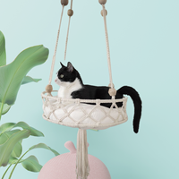Cama de Rede para Gatos em Macramê Moderna, Cesta Suspensa Artesanal com Almofada para Uso Interno