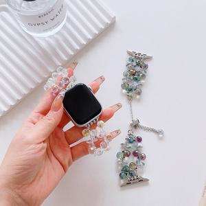 Pulsera de acero inoxidable con gemas para <span class=keywords><strong>Apple</strong></span> <span class=keywords><strong>Watch</strong></span> Band Series 8 7 <span class=keywords><strong>6</strong></span> SE 5 4 3, correa de reloj con cuentas de cristal de lujo para mujer - Product Image 2