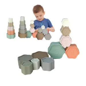 Juego de bloques de apilamiento de flores de silicona para bebé, Juguetes educativos de tazas y torre Montessori para niños pequeños