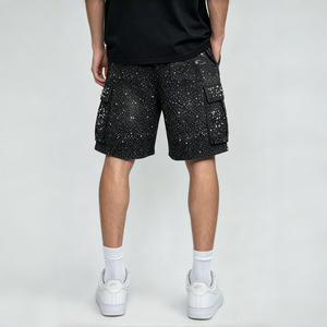 Pantalones Cortos Cargo de Mezclilla para Hombre, Verano, Cintura Ajustable con Cordón, Bolsillos Laterales Grandes, Adornados con Pedrería Brillante - Product Image 2