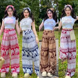 Thailand Fashion Set Women's Summer New Short T-Shirt Elephant Printed Wide Leg Pants Two-Piece Fashionable Set for Holiday