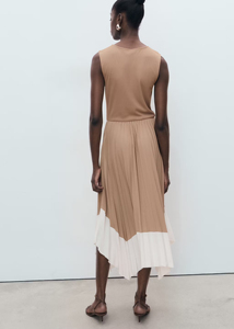 Women's Elegant Camel White Color Block Sleeveless Round Neck Ruched Waist Pleated Asymmetrical Hem Midi Dress - Smart Casual Dr - Product Image 6